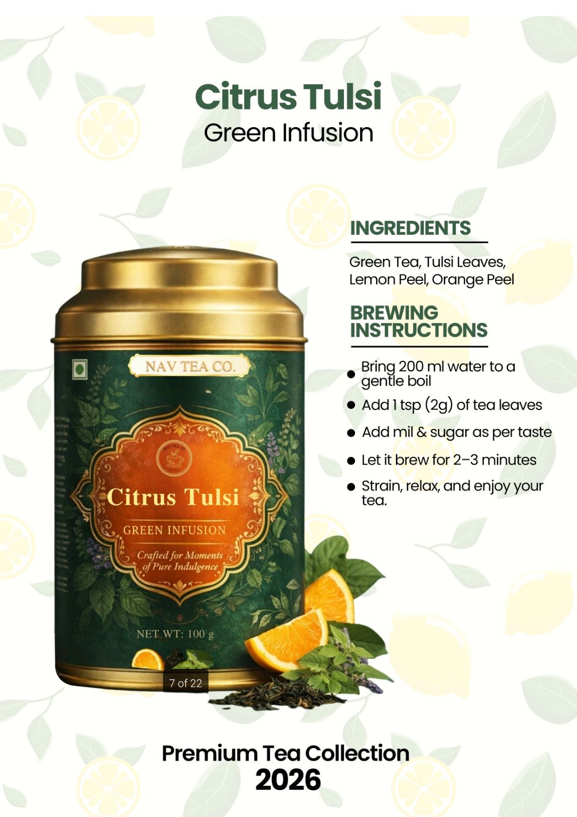 Citrus Tulsi Green Tea (100g) Immunity Booster Herbal Tea for Digestion & Refreshing Energy - Image 2