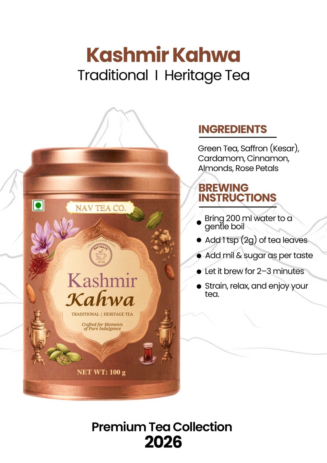 Kashmir Kahwa Tea (100g) Premium Saffron Herbal Green Tea - Image 2