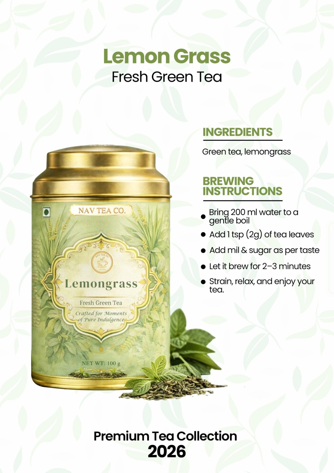 Lemongrass Green Tea (100g) Detox & Digestion Herbal Tea for Stress Relief & Fresh Energy - Image 2
